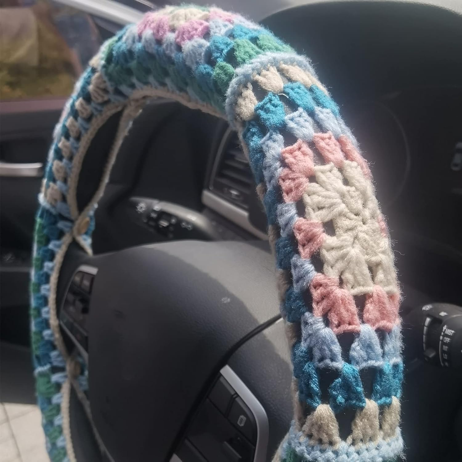 Crochet Steering Wheel Cover for Women Girl, YUNXNYC 3 Pcs Cute Colorful Knitting Car Steering Wheel Cover with Blue Bling Car Coasters Car Interior Accessories Decoration