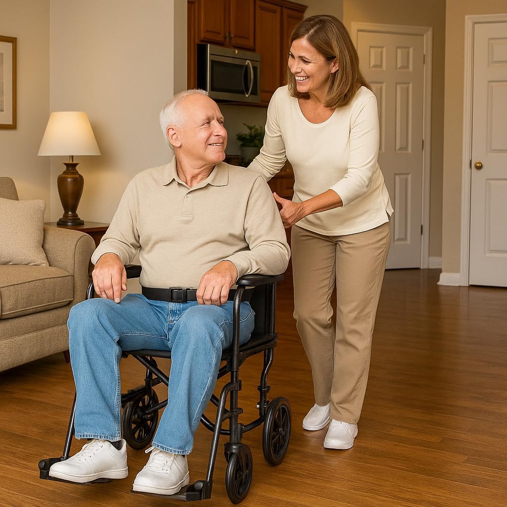 Dr Dunley Folding Transport Wheelchair with Swing-Away Footrests,19" Wide Padded Seat, Full-Length Armrests