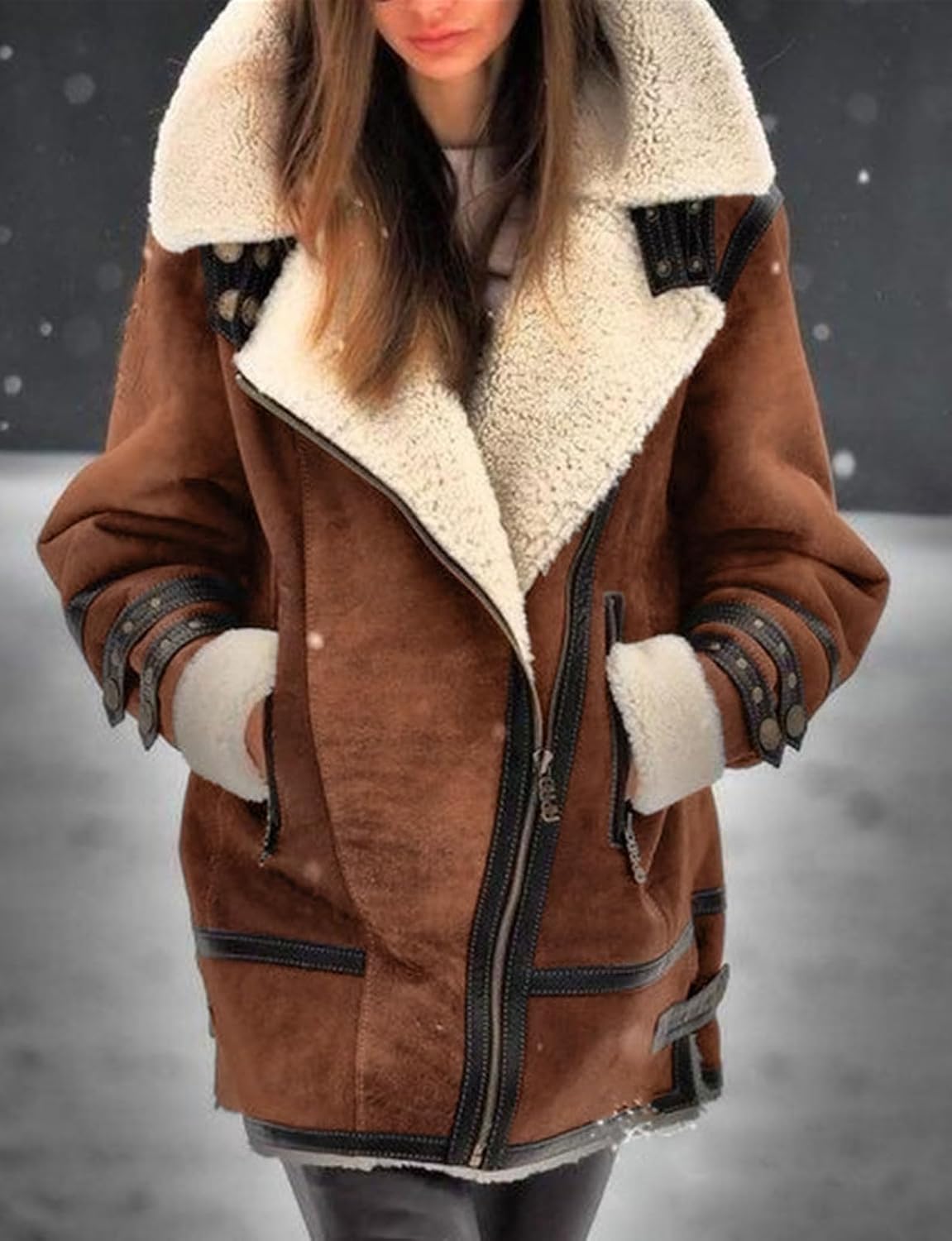 loveimgs Women Winter Long Suede Jacket Sherpa Fleece Oversized Faux Leather Jacket Moto Zip Warm Shearling Coat