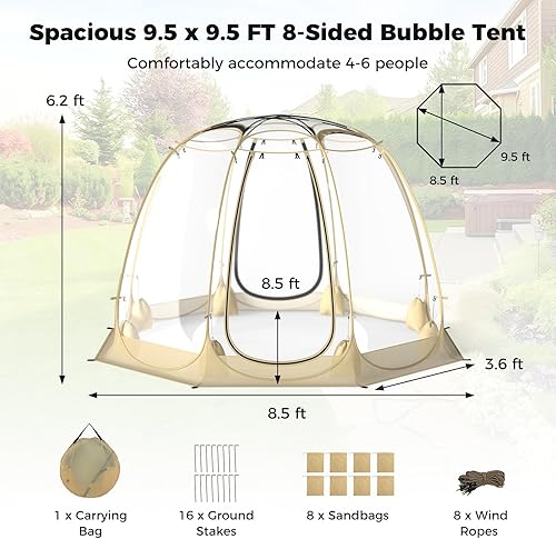 Miniatura 4 de Tangkula Tienda de campaña desplegable de burbujas, 9.5 x 9.5 pies, tienda de campaña de gran tamaño para 4-6 personas con 16 estacas, 8 cuerdas de