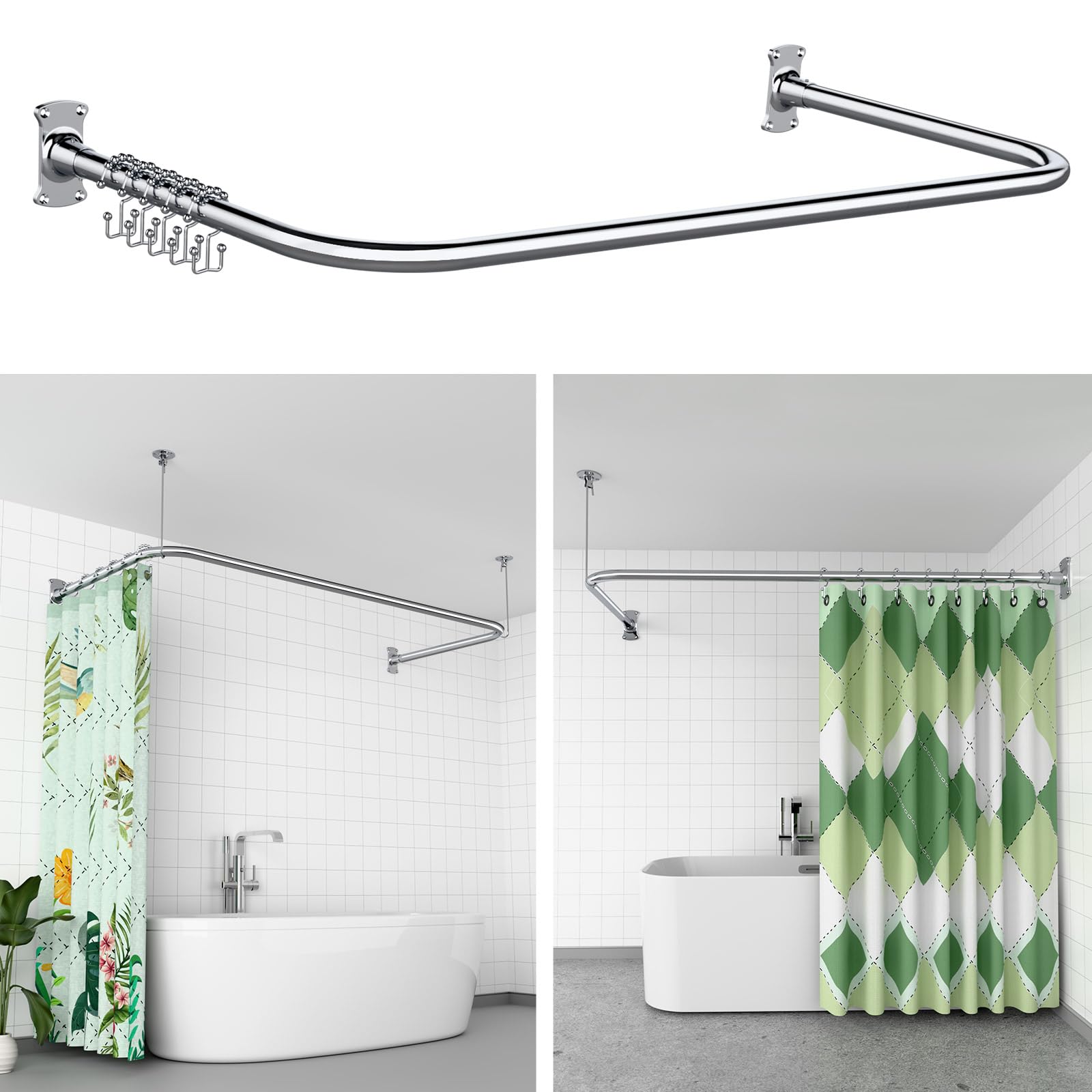 Barra de cortina de ducha en forma de U/L, [80-90] × [160-180] × [80-90]cm | Barra de ducha esquina de acero inoxidable SUS304, barra de ducha ajustable con soporte de techo, incluye 22 anillos