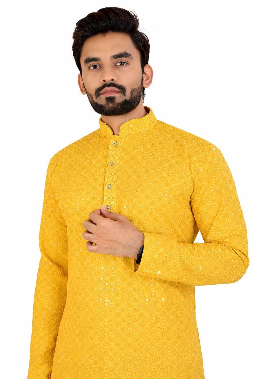 Men’s Lakhnawi Chikankari Cotton Blend Ethnic Wear Kurta for Men Knee Length Embroidered Kurta Mandarin Collar Full Sleeve Wedding Festive Party
