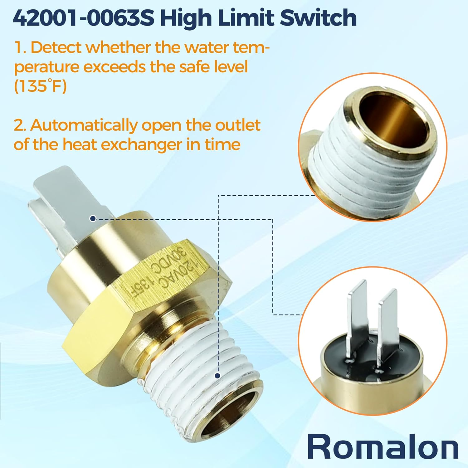 Romalon 42002-0024S Stack Flue Sensor 42001-0063S High Limit Switch 42001-0053S Heater Thermistor Replacement Fit for Pentair Pool and Spa Electrical System Heaters