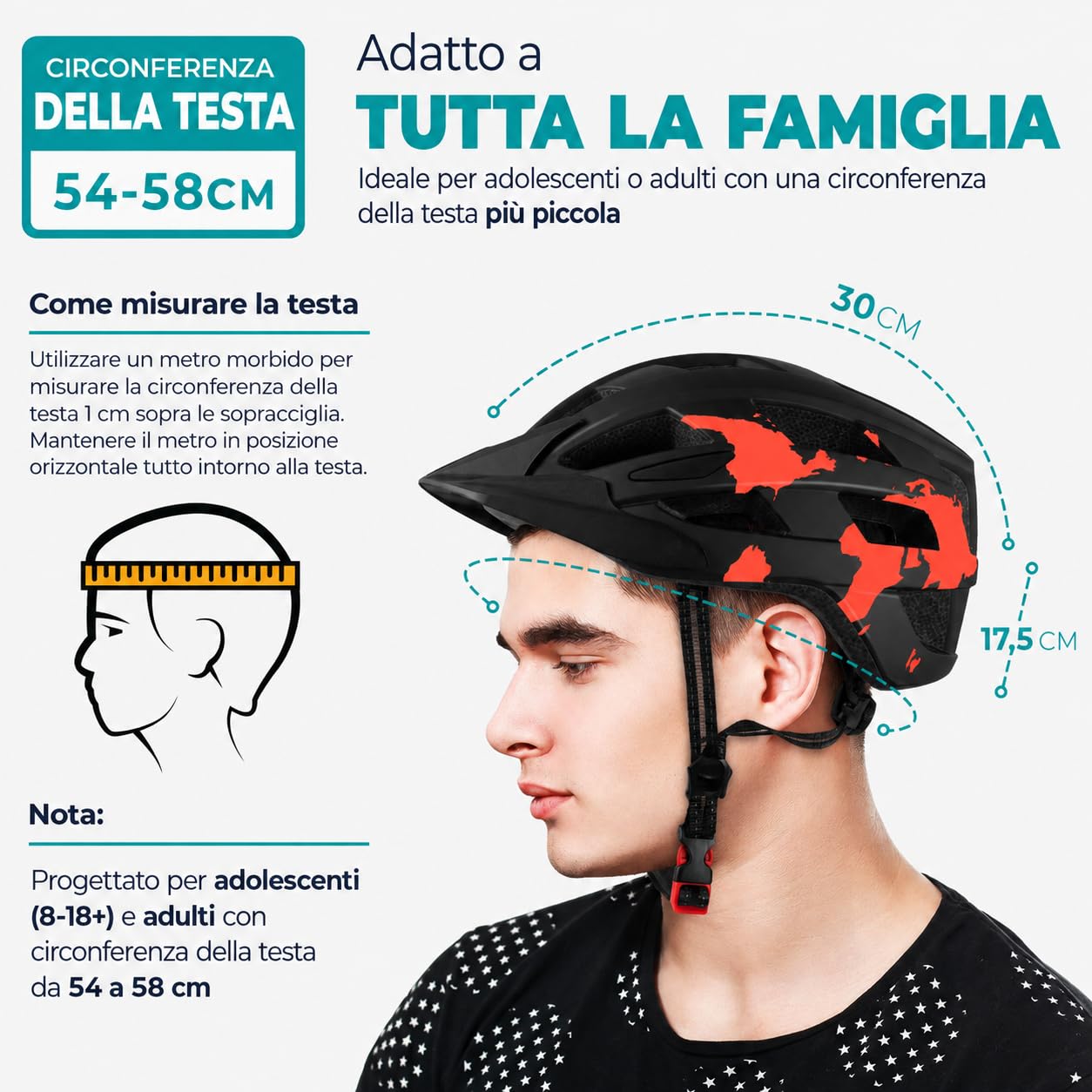 Casco da bici con luce LED ricaricabile tramite USB, leggero, ammortizzante e regolabile, per ragazzi e adulti, per mountain bike, strada e skate (54-58 cm)