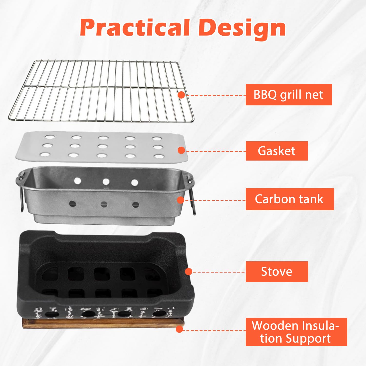 Tissting Barbacoa Japonesa de Mesa 36 x 18 x 13 cm – Mini Parrilla de Carbón Portátil con Rejilla y Base de Madera, Horno de Carbón para Yakiniku y Takoyaki