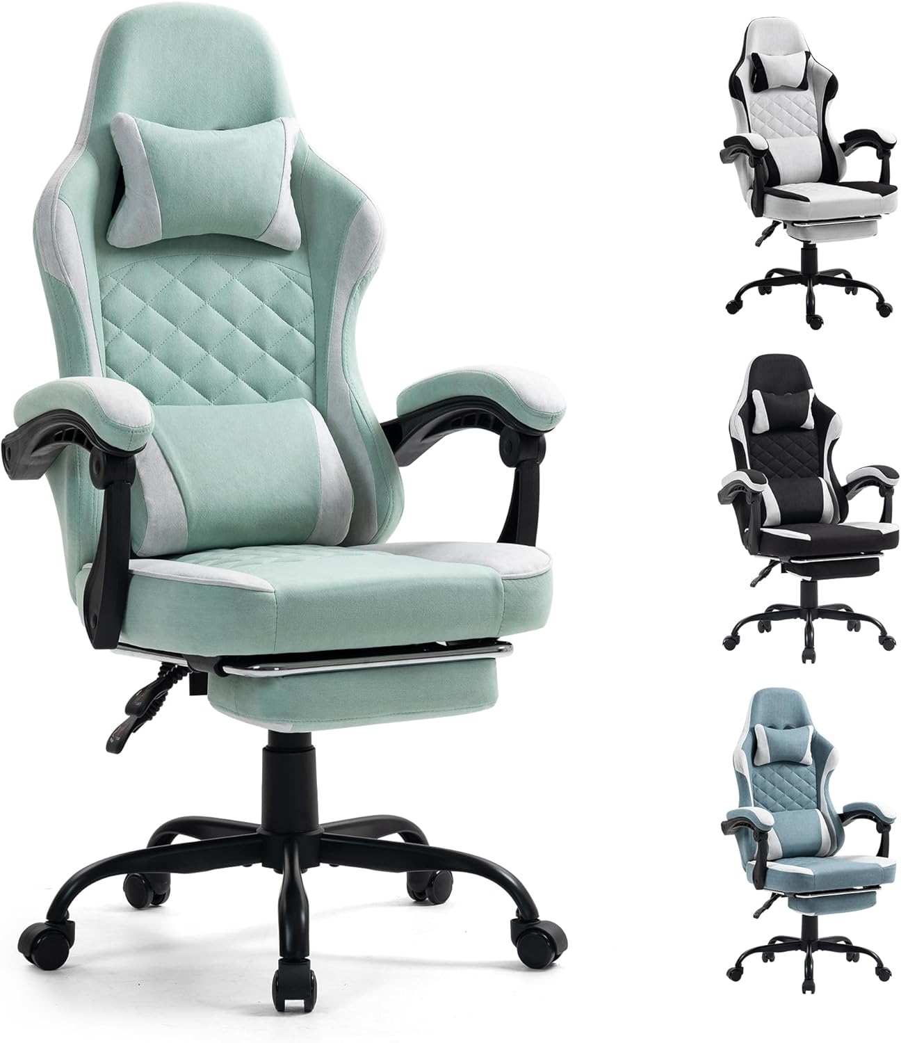 Gaming Chair with Footrest for Adults - Ergonomic Gaming Chairs with Foot Rest - Big and Tall Computer Game Chair - Fabric Reclining Video Game Chairs with Spring Cushion - Green/Light Grey