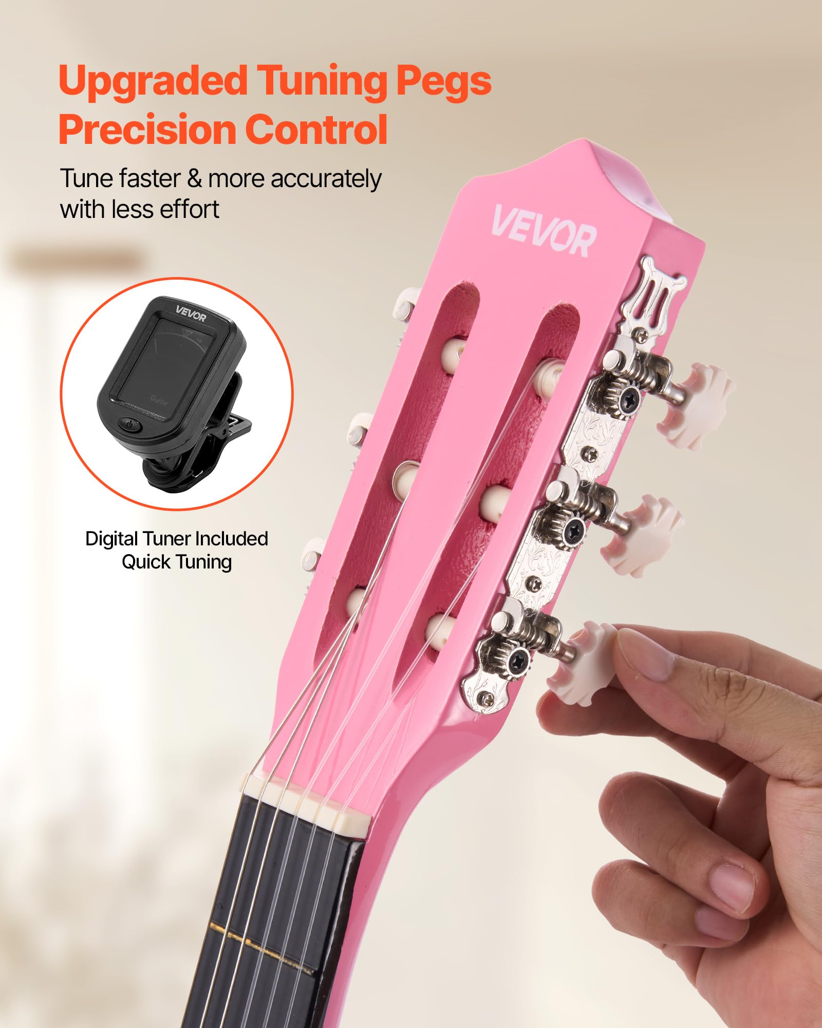 VEVOR Guitarra Clásica, Kit de Guitarra Clásica de Madera de 960 mm con Cuerdas de Nailon, Funda, Correa, Afinador, Cuerdas Adicionales, Púas, Cejilla, Madera de Tilo, para Estudiantes, Rosa