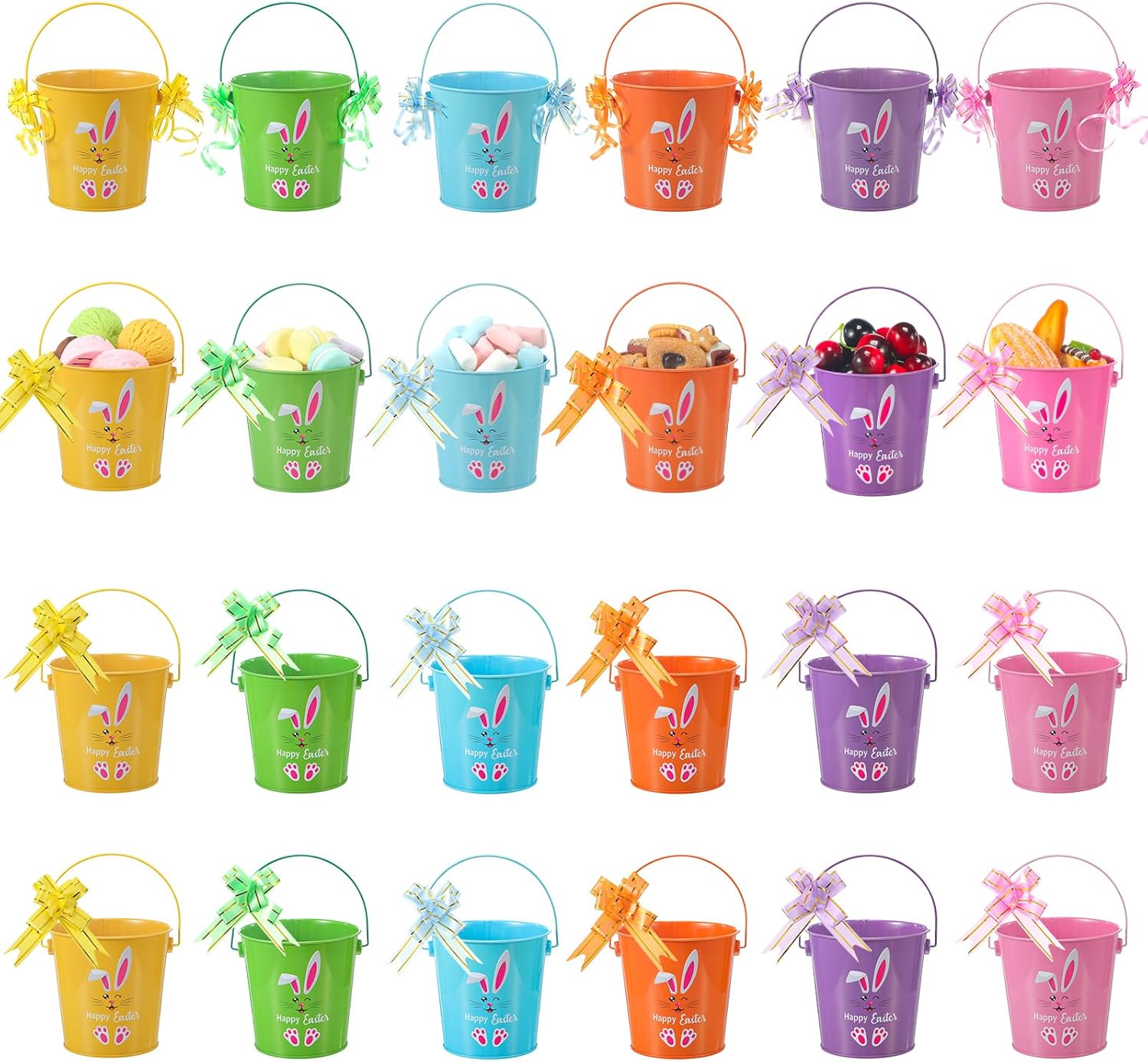Easter Metal Buckets with Handle 6" x 5.1" Easter Colored Galvanized Buckets with 60 Ribbons Party Favor Pails for Eggs Gift Candy Garden Flower Pencil Holder Classrooms Flower(24 Pcs)