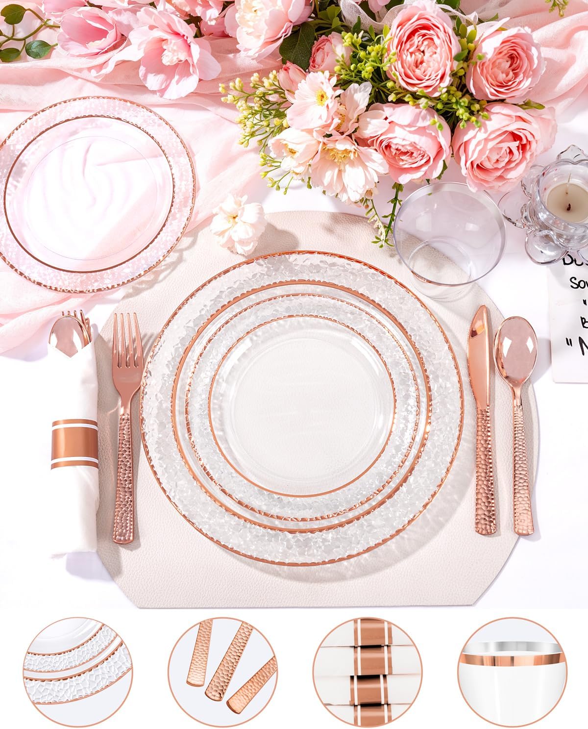 Ciaell 350PCS Rose Gold Plastic Plates - Clear Rose Gold Disposable Plates with Plastic Silverware include 100Plates, 150Silverware, 50Cups, 50Napkins for Wedding & Party & Valentine's Day - Image 3