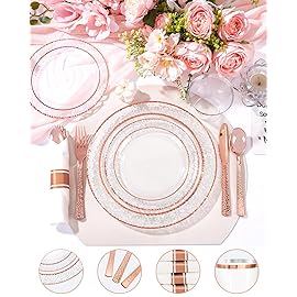 Ciaell 350PCS Rose Gold Plastic Plates - Clear Rose Gold Disposable Plates with Plastic Silverware include 100Plates, 150Silverware, 50Cups, 50Napkins for Wedding & Party & Baby Shower