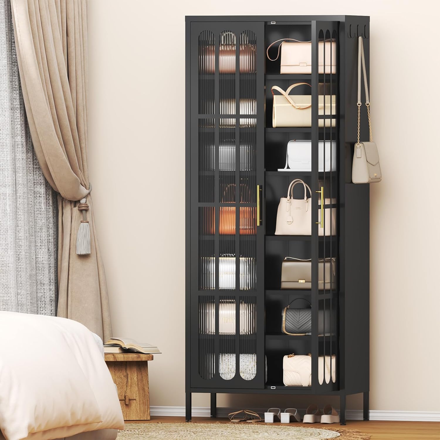 9-Tier Tall Metal Shoe Cabinet with Doors & Hooks, 67" Large Shoe Storage Organizer wth Adjustable Shelves, Shoe Rack Holds 27-36 Pairs for Entryway, Hallway, Cloakroom (Black)