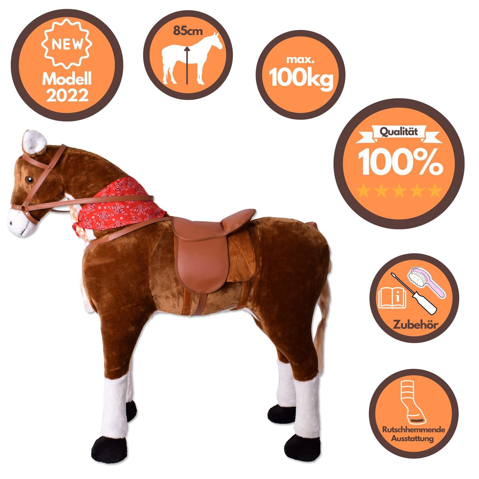 TE-Trend Pferde Spielzeug Schaukelpferd Pferd zum draufsitzen Stehpferd Reitpferd Spielpferd zum Reiten als Mädchen Geschenk mit 112cm Kopfhöhe braun