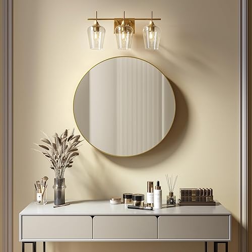 Miniatura 7 de VONLUCE Lámpara de tocador dorada de 3 luces sobre espejo, lámpara de baño de latón moderno con cristal transparente, iluminación de tocador dorada