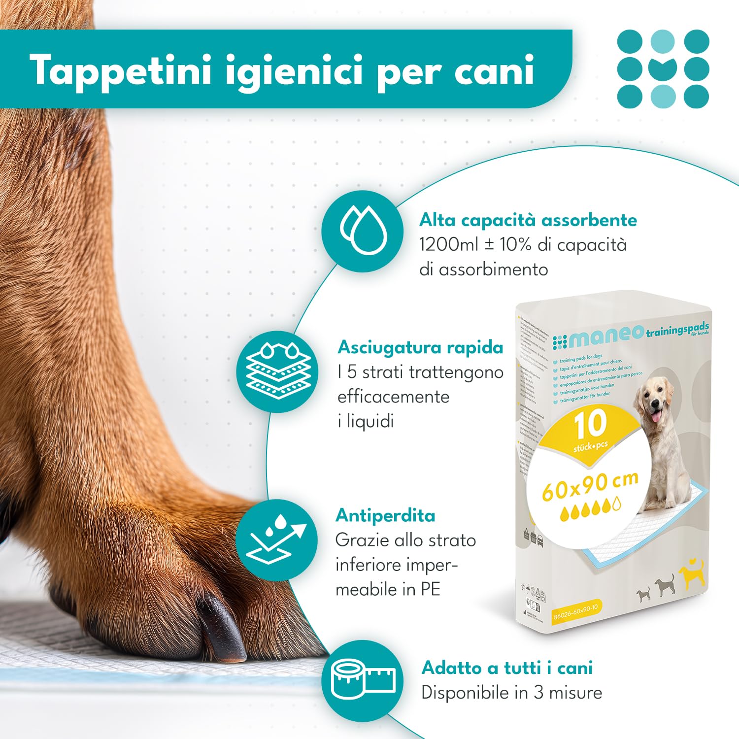 100 tappetini assorbenti per cuccioli 60x90 cm, maneo traversine igieniche per cani, tappeti pipì impermeabili a 5 strati, per cuccioli, gatti e animali domestici
