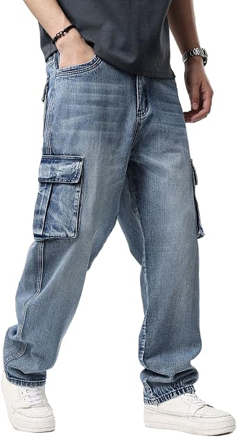 Idopy Men`s Loose Fit Motorcycle Multi-Pockets Workwear Denim Cargo Jeans Plus Size