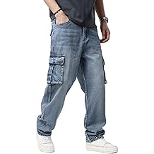 Men`s Loose Fit Motorcycle Multi-Pockets Workwear Denim Cargo Jeans Plus Size