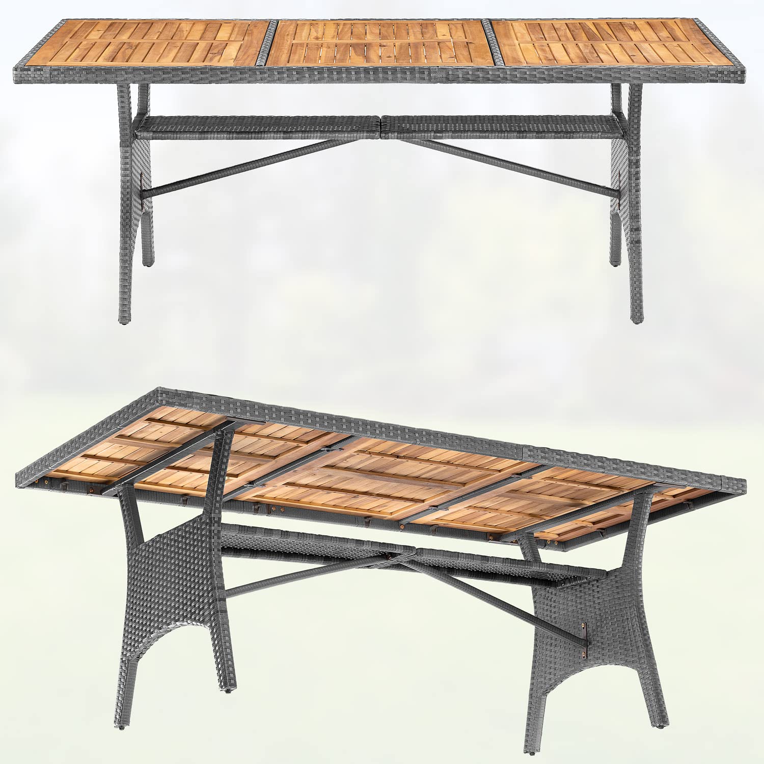 Casaria Tavolo da Giardino in Polyrattan Ripiano in Legno di Acacia 190x90x74cm Regolabile in Altezza per Esterno Pranzo Terrazza