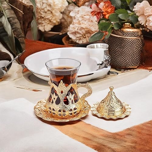 Miniatura 3 de Alisveristime Juego de 6 vasos de té turco hechos a mano con platillo de agua Zamzam (dorado)