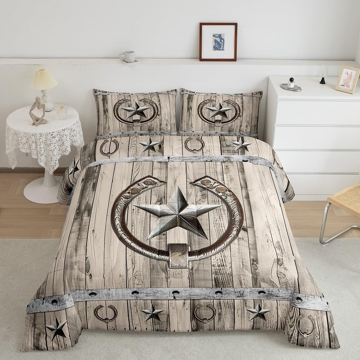 Western Texas Star Bedding Set Queen Rustic Farm Stars Horseshoe Comforter Set Vintage Country Grey Wooden Barn Door Comforter Gifts For Cowboys,Farmhouse Cabin Lodge Quilt Duvet 2 Pillow Cases