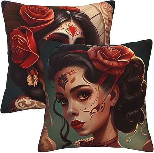 Miniatura 8 de Juego de 2 fundas de almohada de calavera del Día de los Muertos de 18 x 18 pulgadas para almohadas de sofá para decoración mexicana del Día de los