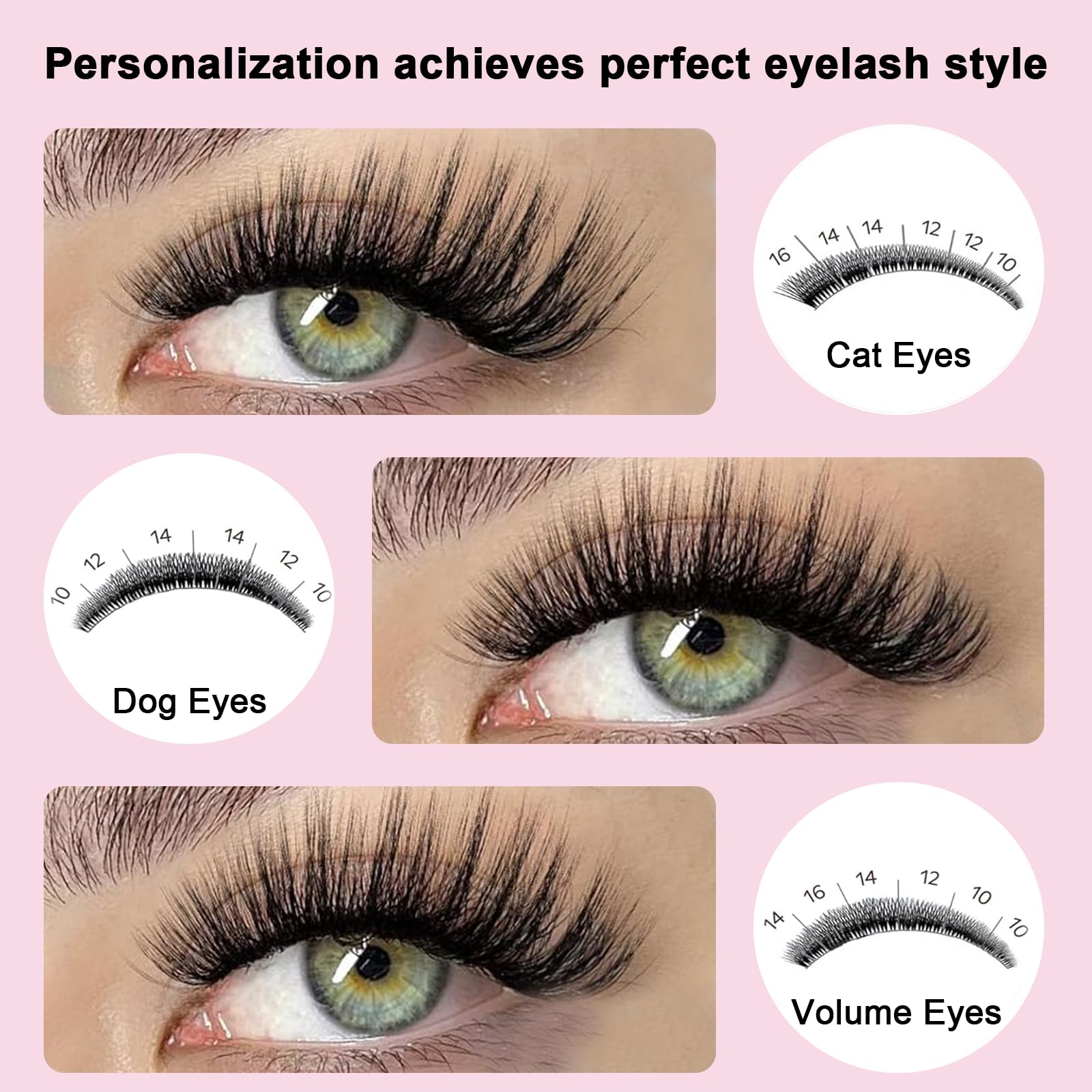 Zestaw do przedłużania rzęs, pojedyncze, 300 sztuk, 30D/40D/50D, 10–16 mm, efekt naturalny i objętość, z klejem do rzęs i klipsem