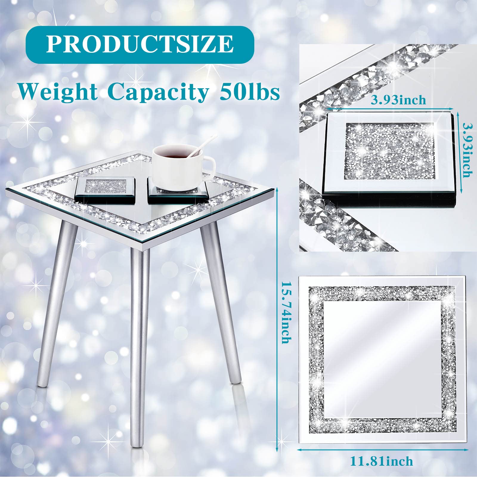 Table d'appoint miroir avec 2 dessous de verre miroir moderne argenté - Table d'appoint en cristal écrasé - Tapis de tasse en diamant écrasé pour salon, maison, cuisine (carré)