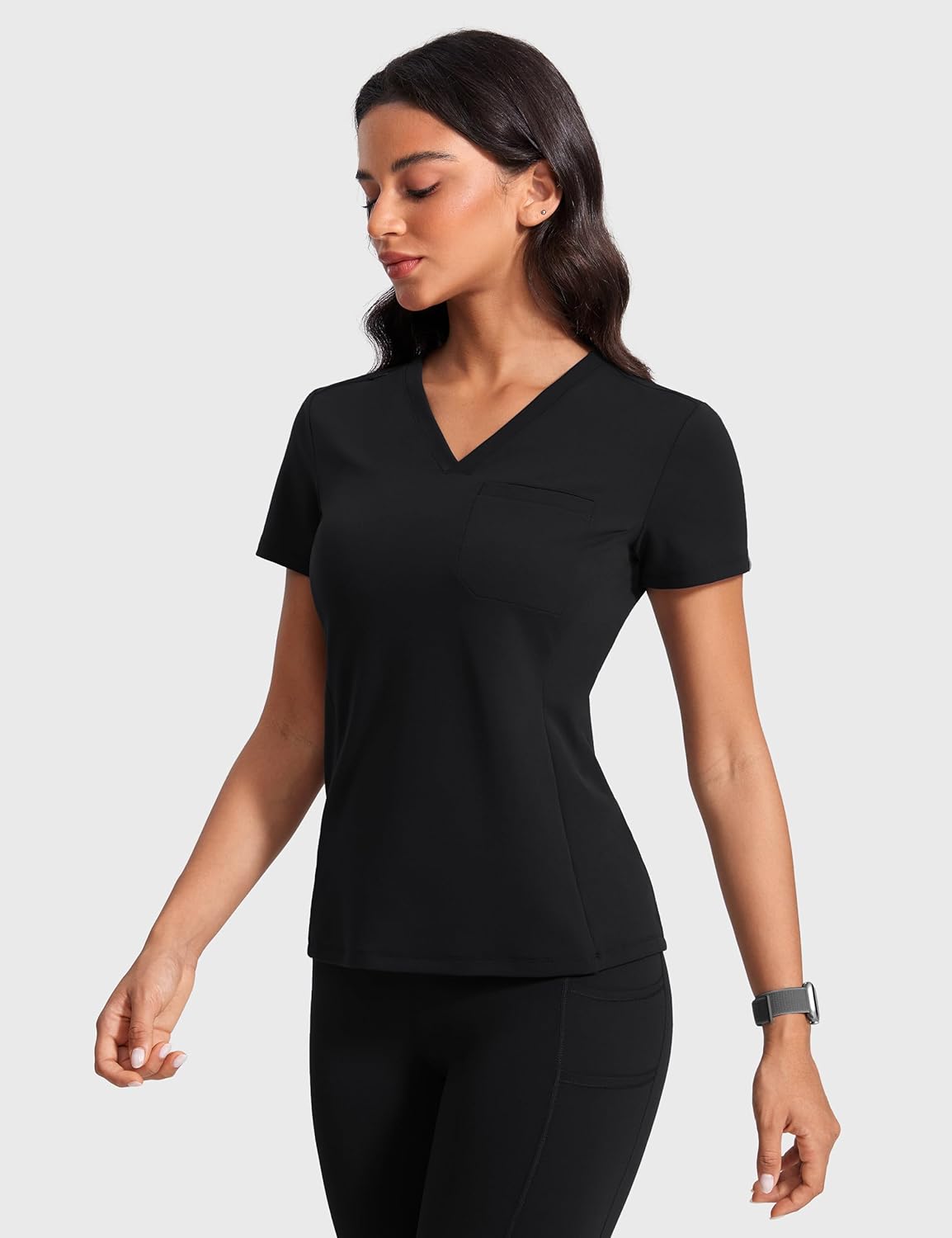 Womens V-Neck Scrub Top 4-Way Soft Stretch Medical Shirts with Pocket Slim Fit Nurse Tees Breathable Workwear - Image 4