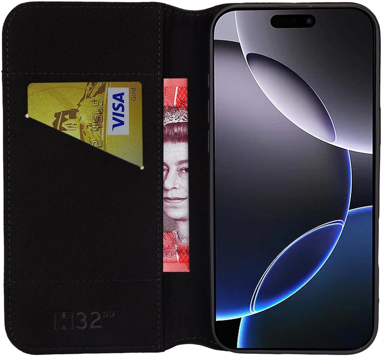 32nd Classic Series 2.0 - Real Leather Book Wallet Flip Case Cover for iPhone 16 Pro Max (6.9"), with RFID Blocking Card Slot, Magnetic Closure and Built in Stand - Black