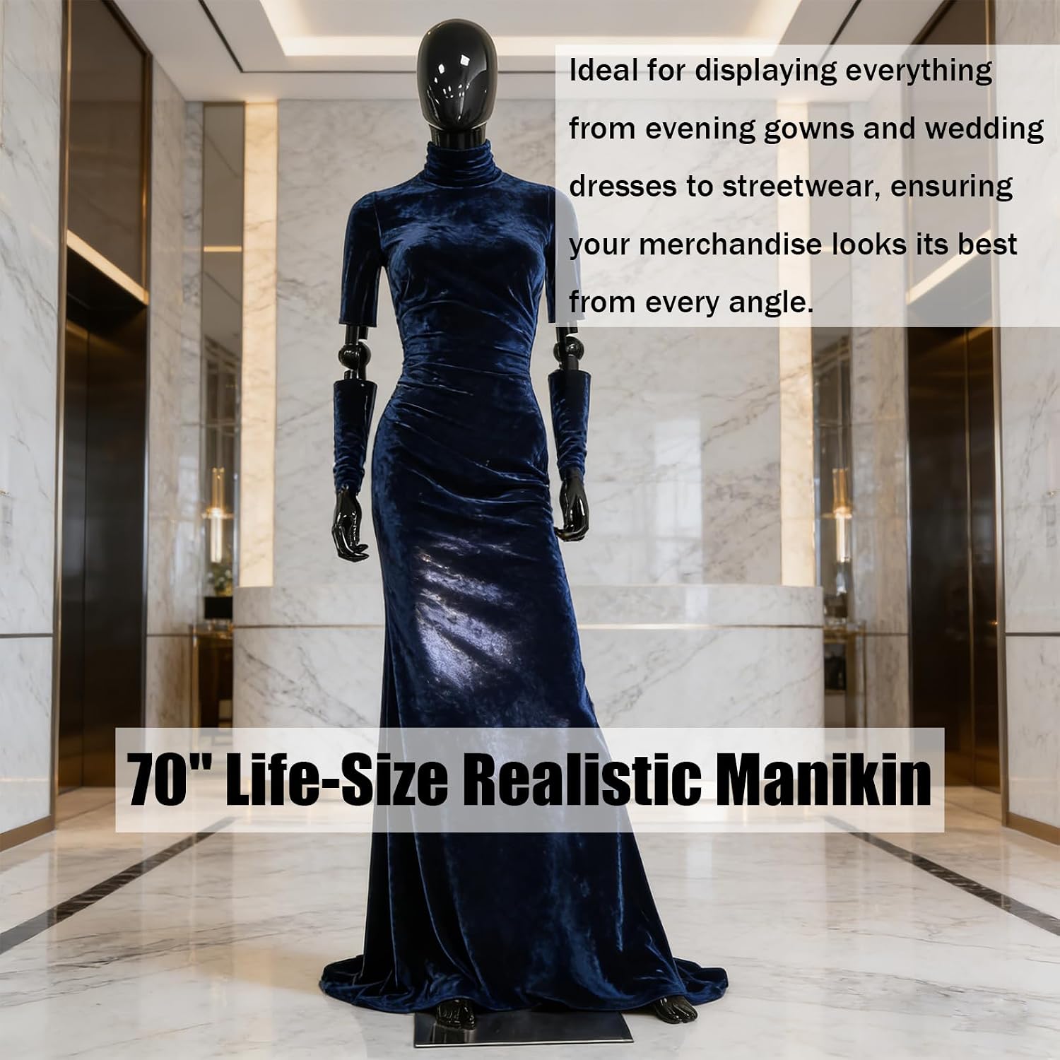 70" Black Female Mannequin Full Body Dress Form, Realistic Manikin with 360° Movable Elbows & Detachable Arms, Non-Slip Metal Base for Retail Clothing Store Window Display, Easy Assembly