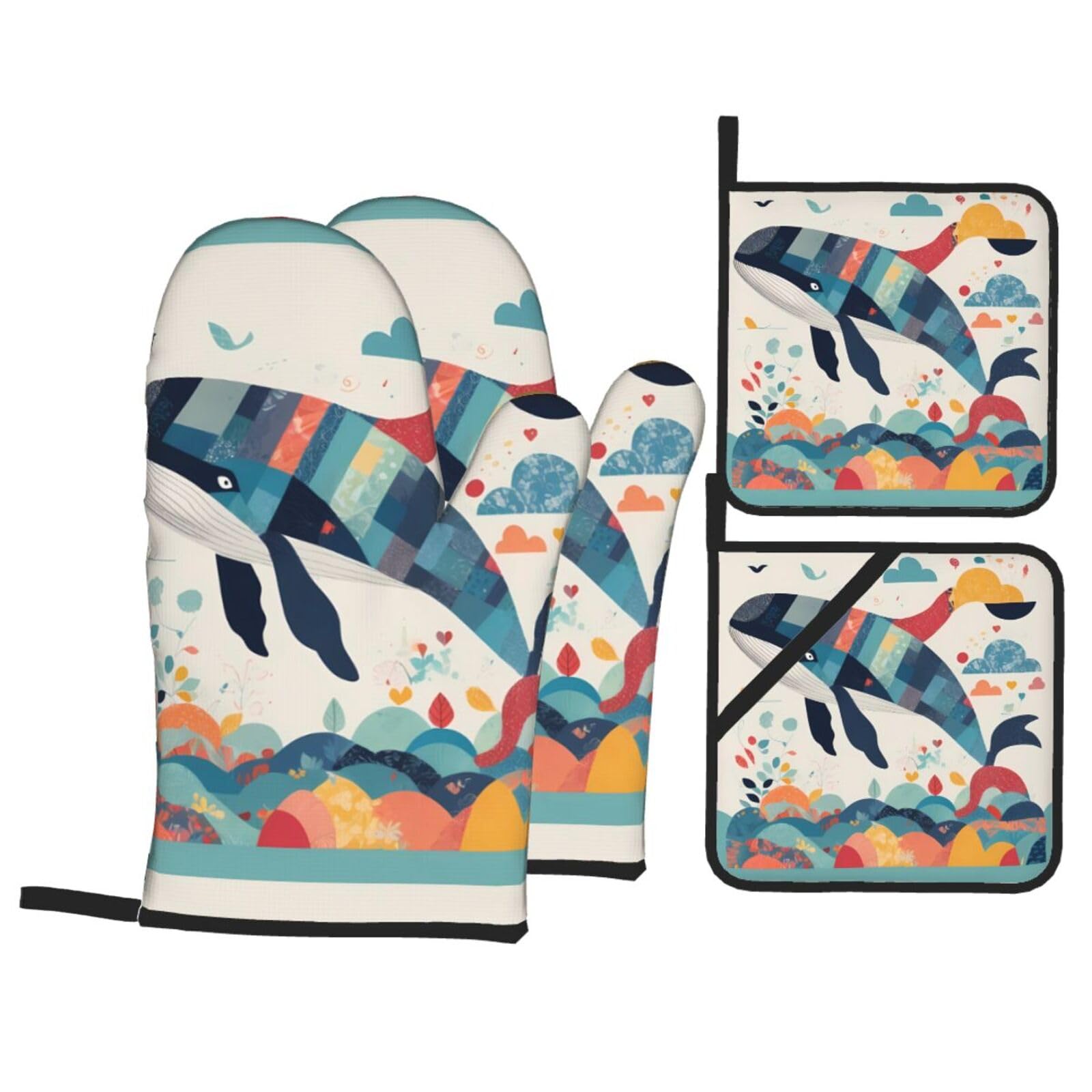 HJFCZH Patchwork Whale Picture Kitchen Baking Set of 4 Thick Insulated Oven Mitt & Pot Holders, Anti-Scalding for Microwave, Oven, Outdoor BBQ