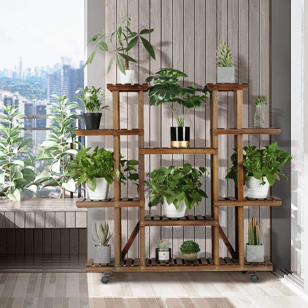 Yaheetech Scaffale Porta Piante Vasi Fiori in Legno con Ruote 9 Ripiani da Interno Esterno Balcone Giardino 124,5 x 33 x 120 cm