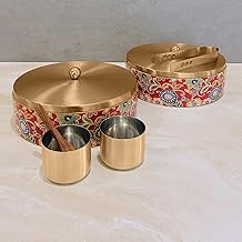 Wooden Chapati & Masala Box Combo — Wooden Masala Box (7 Stainless Steel Jars + Spoon) & Wooden Chapati/Roti Box (Stainless Steel Brass Lid + Tong) - Red & Golden (Printed)