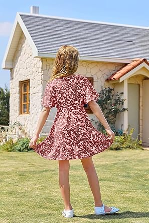 UMEKO Girls Dress Kids Casual Summer V Neck Short Sleeve Ruffle Dresses