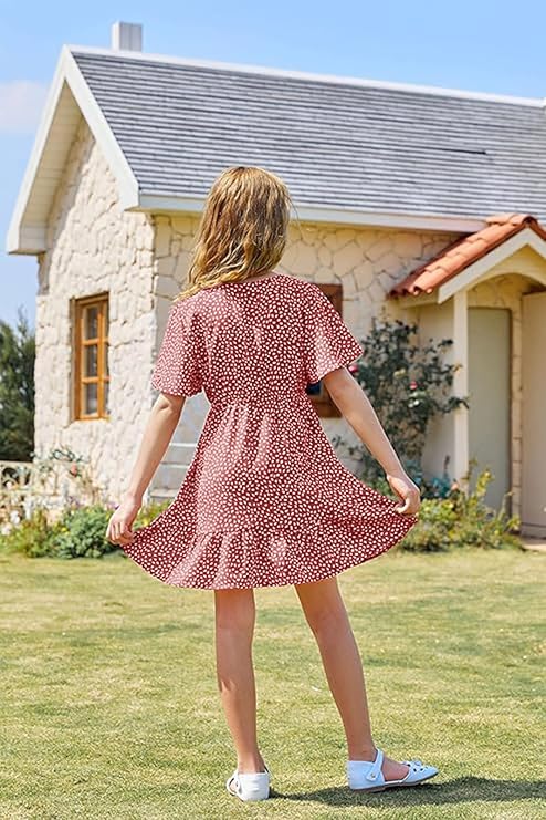 UMEKO Girls Dress Kids Casual Summer V Neck Short Sleeve Ruffle Dresses