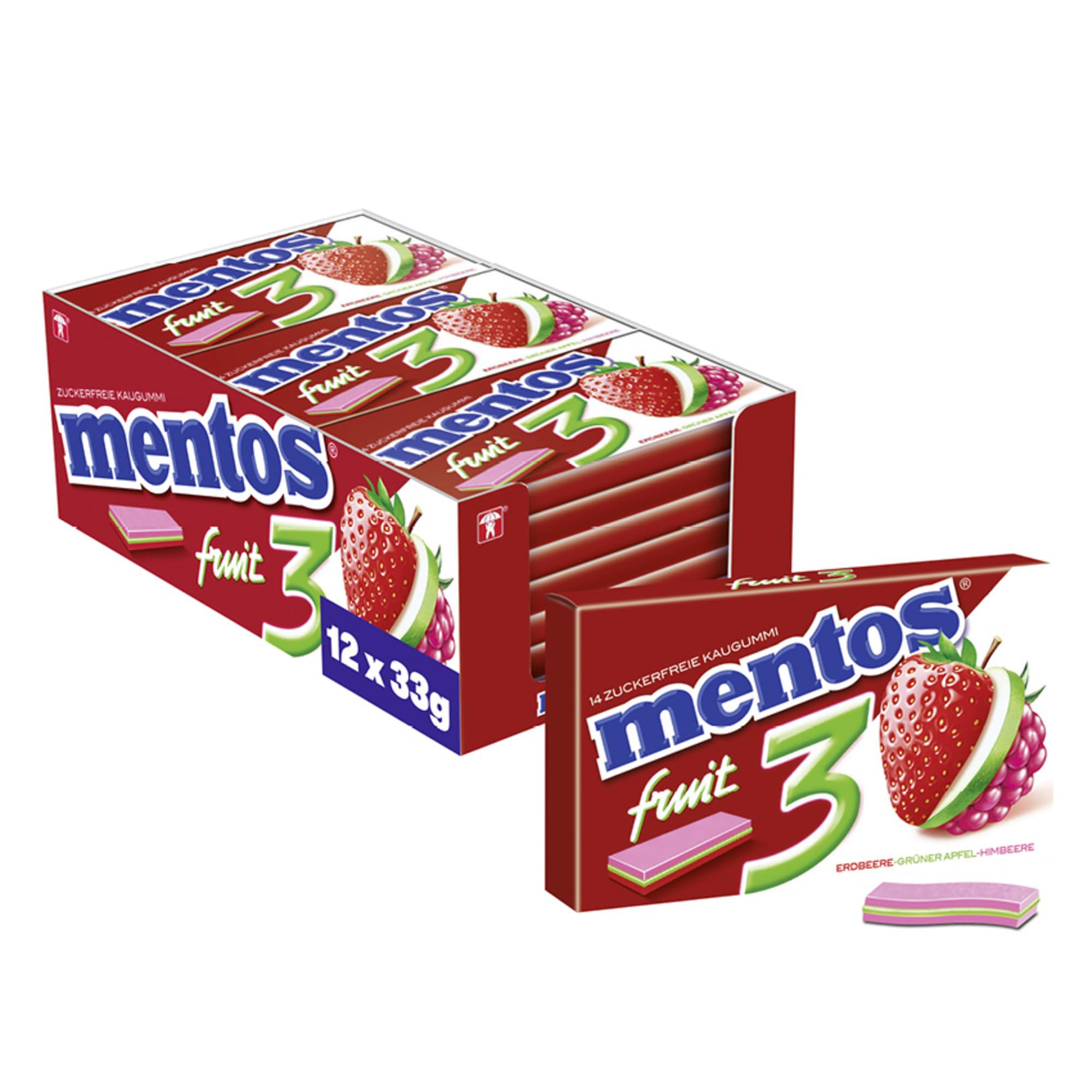 Mentos Kaugummi Fruity Fresh Erdbeere - Grüner Apfel - Himbeere, 12er Pack zuckerfreie Chewing Gum Dragees mit Frucht-Geschmack, Multipack (12 x 14 Stück)