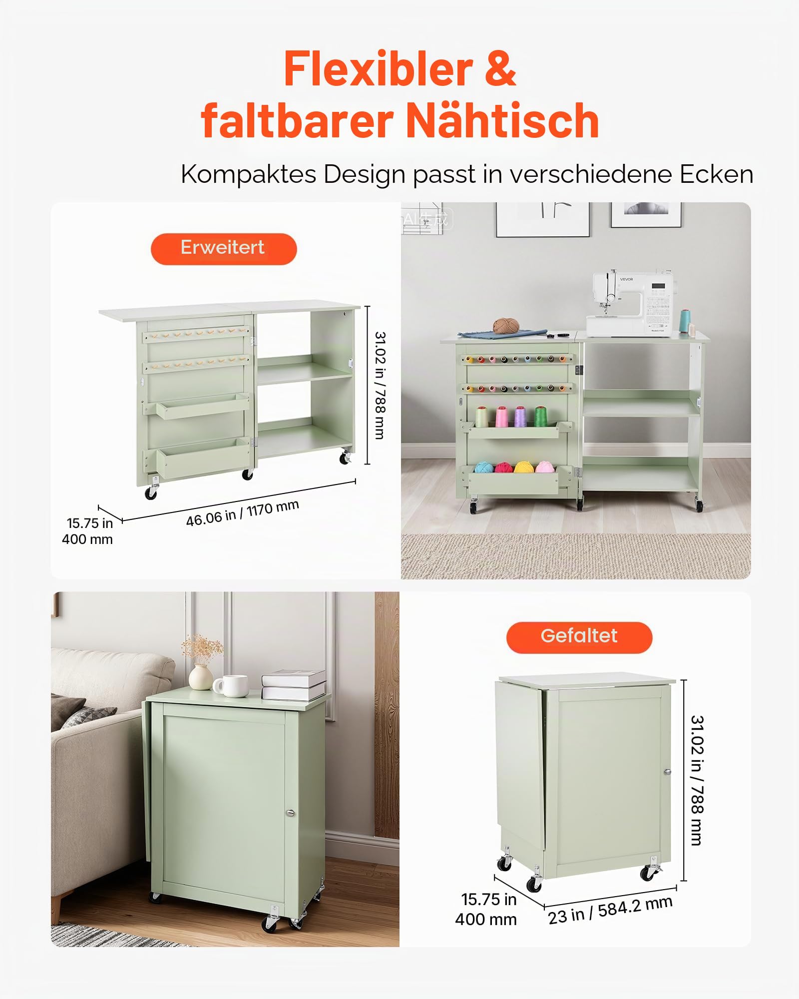 VEVOR klappbarer Nähtisch Nähmaschinentisch mit kompaktem Design & Ablagefächern & Holzklammern & magnetischem Türschloss, Mehrzwecktisch für Modestudio Kunststudio Zuhause, Hellgrün
