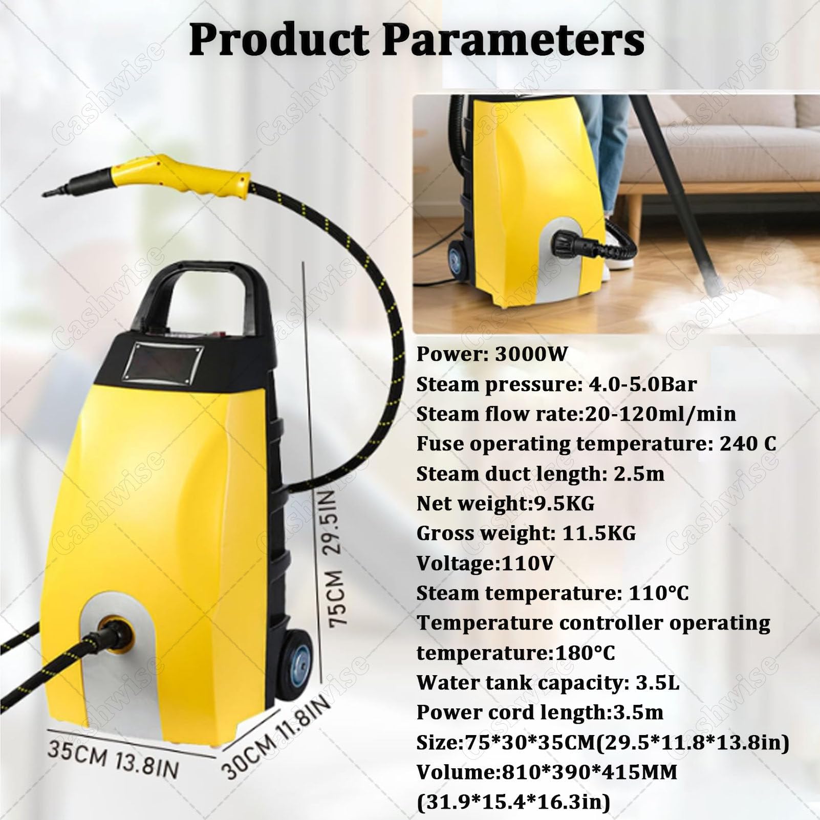 Hidrolimpiadora de Vapor de Alta presión, 3000 W con Accesorios y depósito de 3,5 L, para Patio y Coche, portátil para Limpiar entradas de vehículos, Jardines, Suciedad y Grasa. Yellow