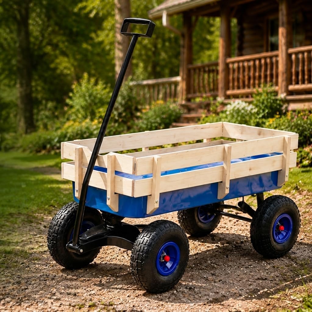 Wooden Metal Wagon Heavy Duty 176lbs Capacity Utility Cart, All-Terrain Garden Wagon with Detachable Wood Panels for Camping, Beach and Yard Work (Pink)