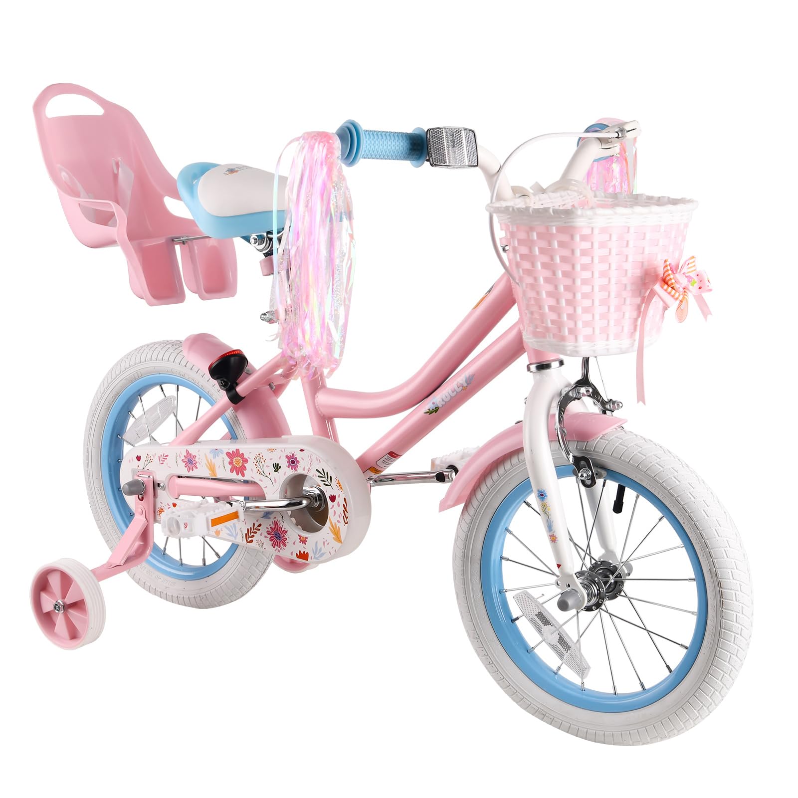 RULLY Daisy Bicicleta Niño 12 14 16 Pulgadas para Niñas de 2 a 7 Años - Bicicleta Princesa con Asiento Muñeca, Ruedas, Cesta y Cintas, Multicolor