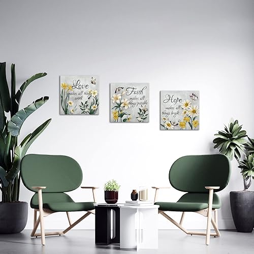 Miniatura 4 de SkenoArt Arte de pared de flores para dormitorio, diseño de mariposas grises y amarillas, pinturas en lienzo florales con citas de fe, esperanza,