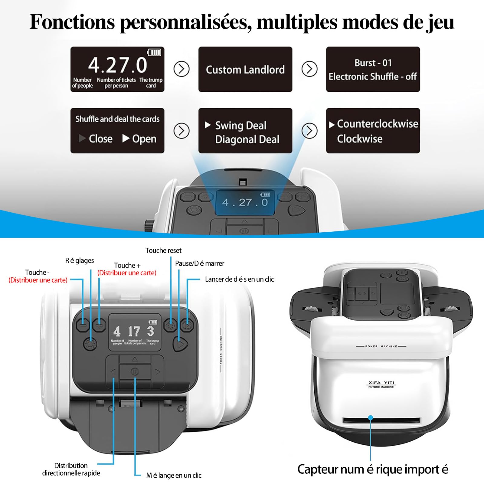 2 en 1 Distribuidor y barajador automático, Giro 360° para 1–2 Barajas, 1–8 Jugadores, Recargable, para Póker, Blackjack, UNO y Texas Hold'em, con Modo de Juego Personalizable