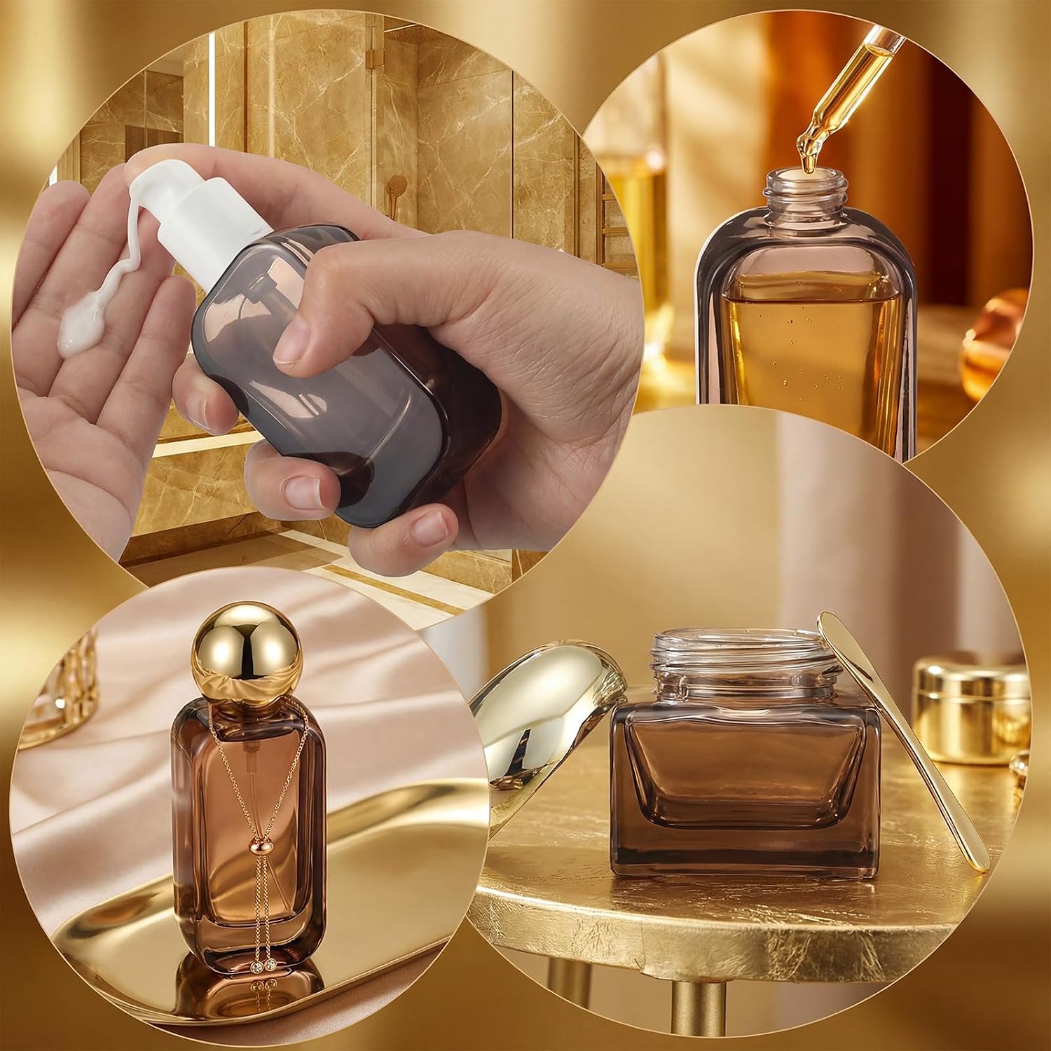 6 Pcs Luxury Glass Skincare Containers Set Refillable with Pump Glass Bottle with Gold Chain Spray Bottle Skincare Jars 1.01-4.06 oz for Oil Water Cream Foundation Serum Moisturizer(Black)