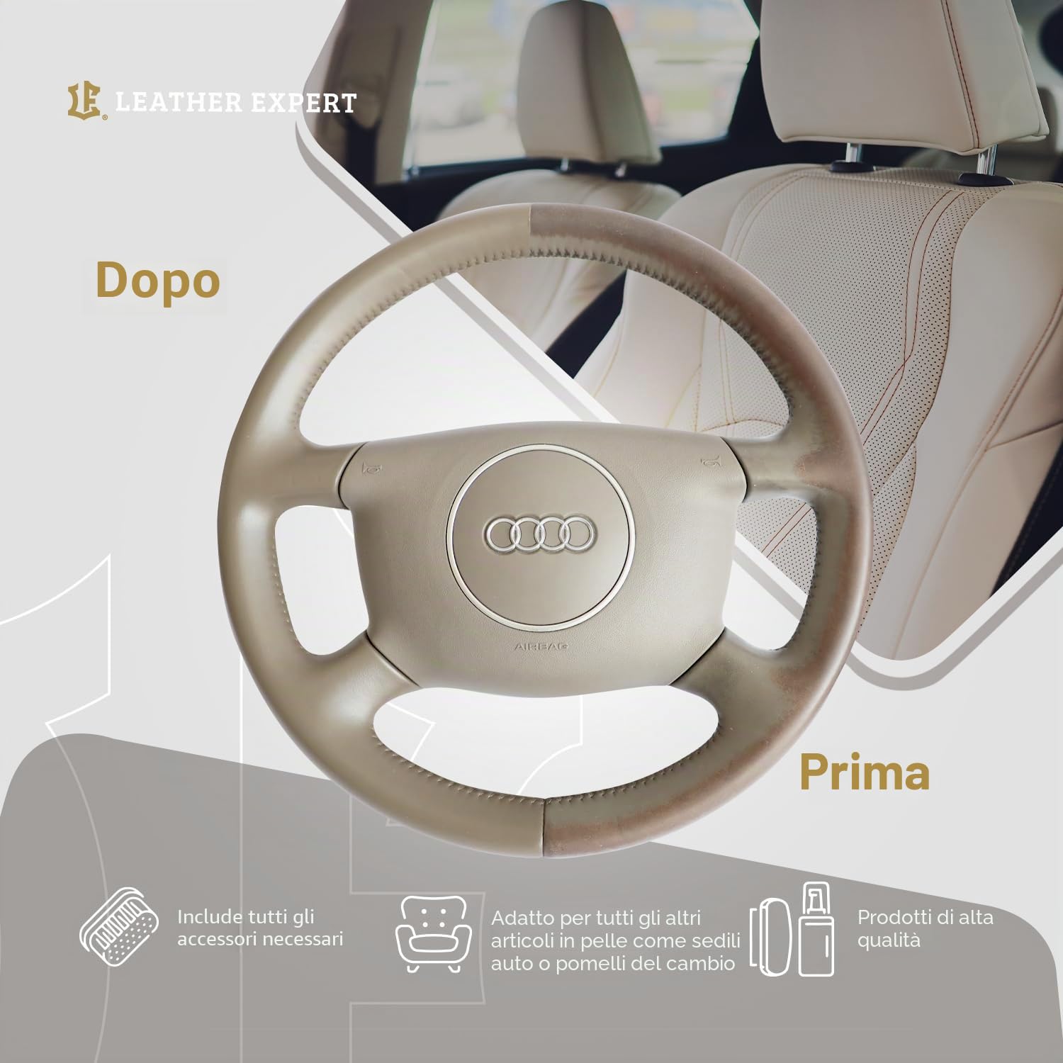 Set per la cura e la ristrutturazione del volante in pelle - Kit per la preparazione del volante in pelle per auto, per proprietari di auto – con colorante per pelle, vernice per pelle, detergente