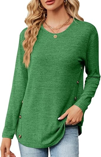 Loose Long Sleeve Shirts Crew Neck Tops for Women Button Side Curved Hem Blouses