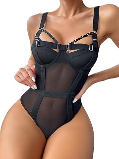 Women's Sexy Cut Out V Neck Bodysuit Sheer Mesh Shapewear Skinny Top Camisole Corset Bodysuit