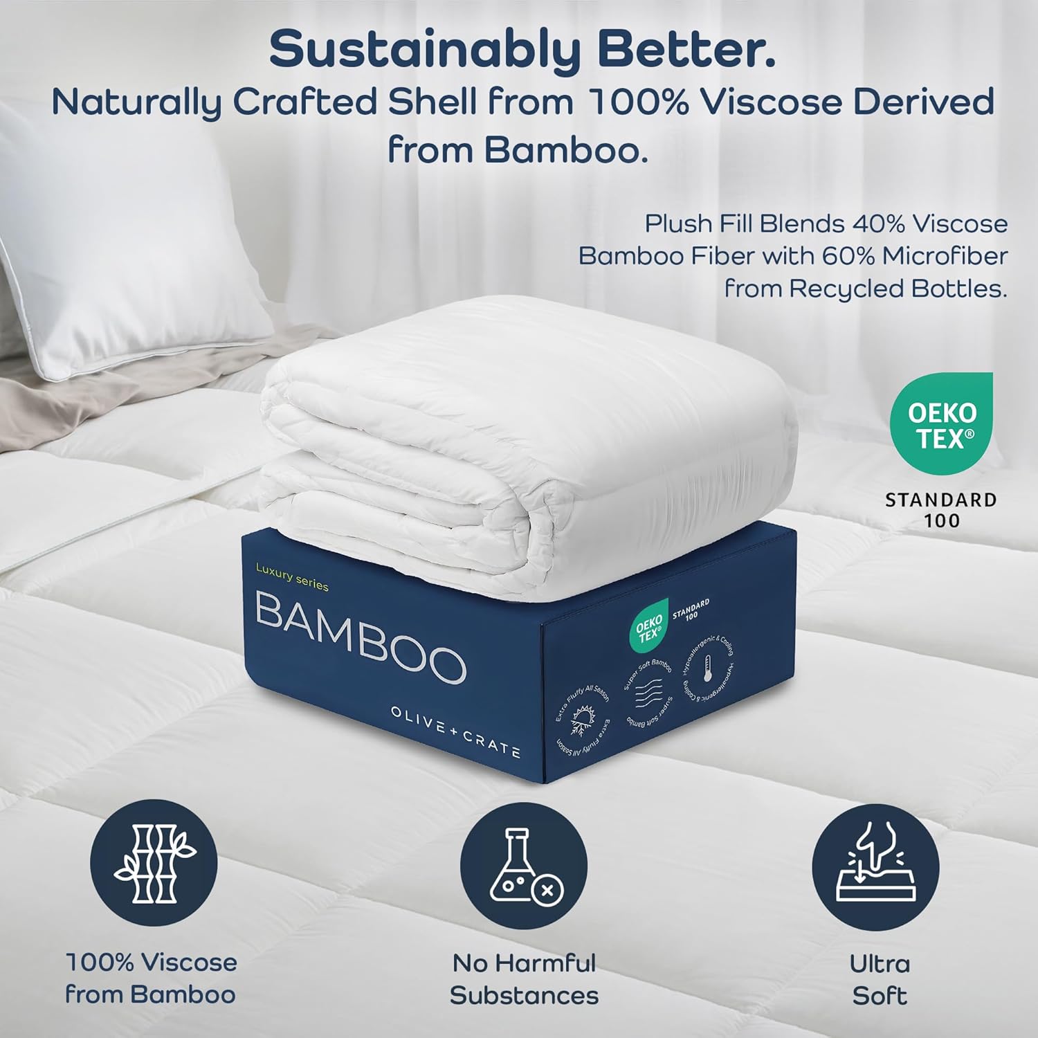 Olive + Crate Cooling Down Alternative Comforter - Hypoallergenic Queen Size Duvet Insert Lightweight - All Seasons Plush Design Bamboo Comforter - 100% Bamboo Viscose Outer Cover - White 88"x90" - Image 3