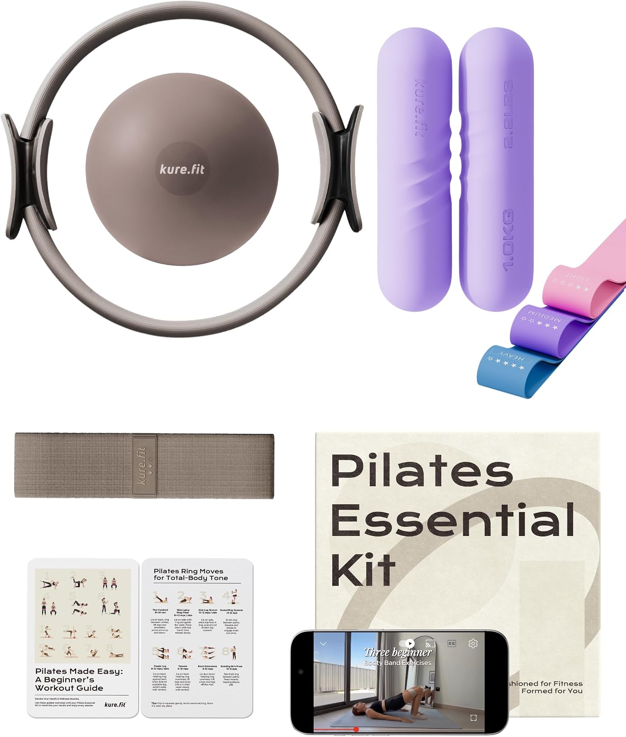 Purple Hand Weight Bars 2lb Each and Taupe Pilates Kit Bundle