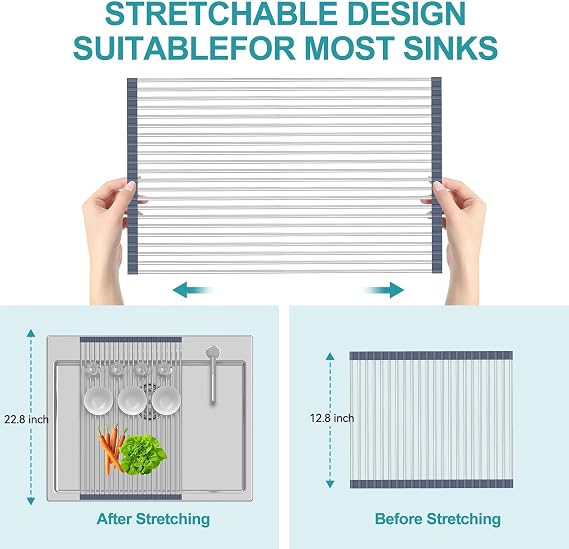 BBXTYLY Extra Large Expandable Roll Up Dish Drying Rack,Over The Sink Drying Rack Sink Cover Kitchen Sink Accessories Kitchen Rolling up Stainless Steel Drainer, Foldable,Rollable(Gray,22.8'-17.3'')