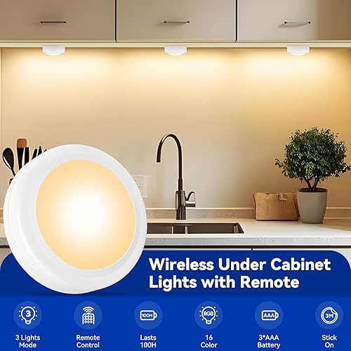 Miniatura 2 de Aokpsrt Luces de disco con control remoto, 16 luces LED inalámbricas intercambiables de color, luces debajo del gabinete, luces a pilas con