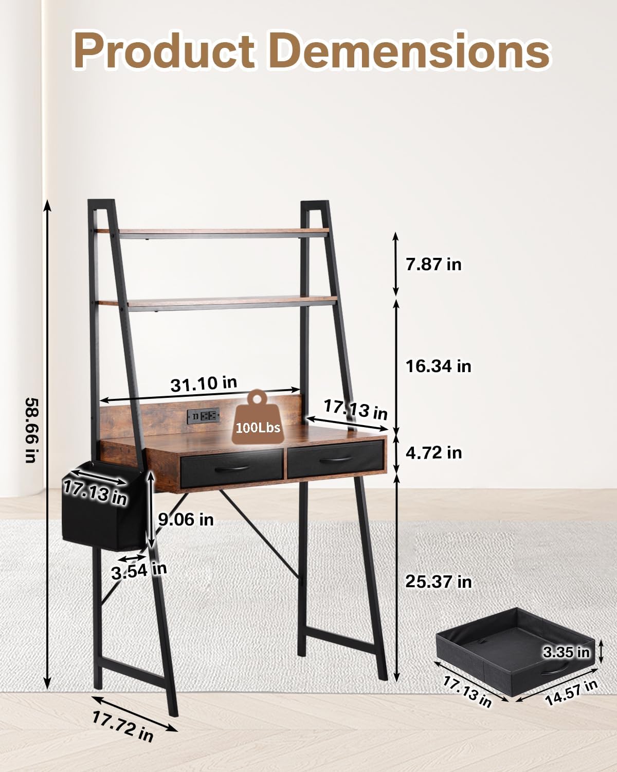 Furinno PCデスク 幅100cm 引出付 コンパクト エスプレッソ コンパクト
